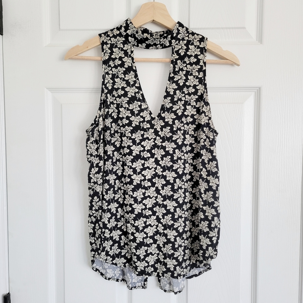 Aqua Black Leaf Print Cutout Tank‎